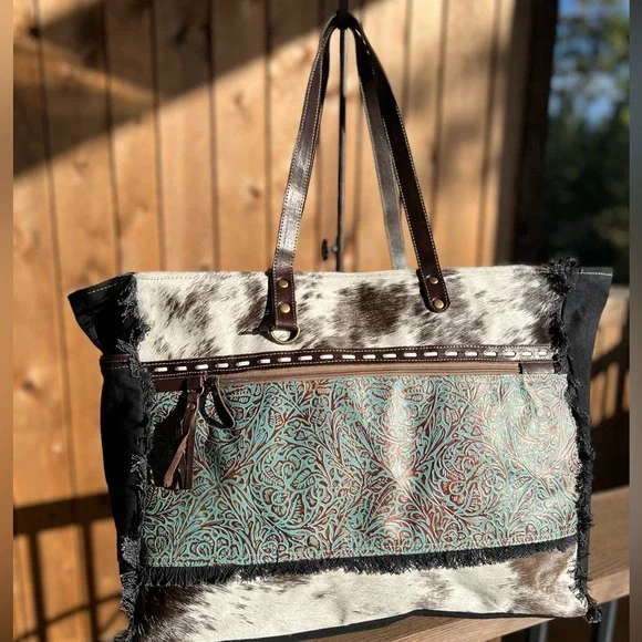 🌹New Myra Bag Cowhide Canvas Leather Weekender Travel XL extra large tote - Picture 5 of 8